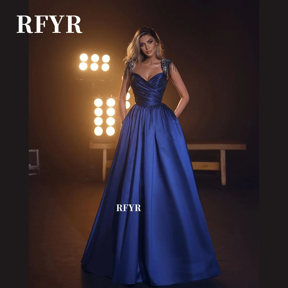 

RFYR Elegant Evening Dress A-line Prom Dress Sexy Beaded Sleeve Party Dress Silk Satin Evening Dress Satin Sweep Tail فستان سهرة