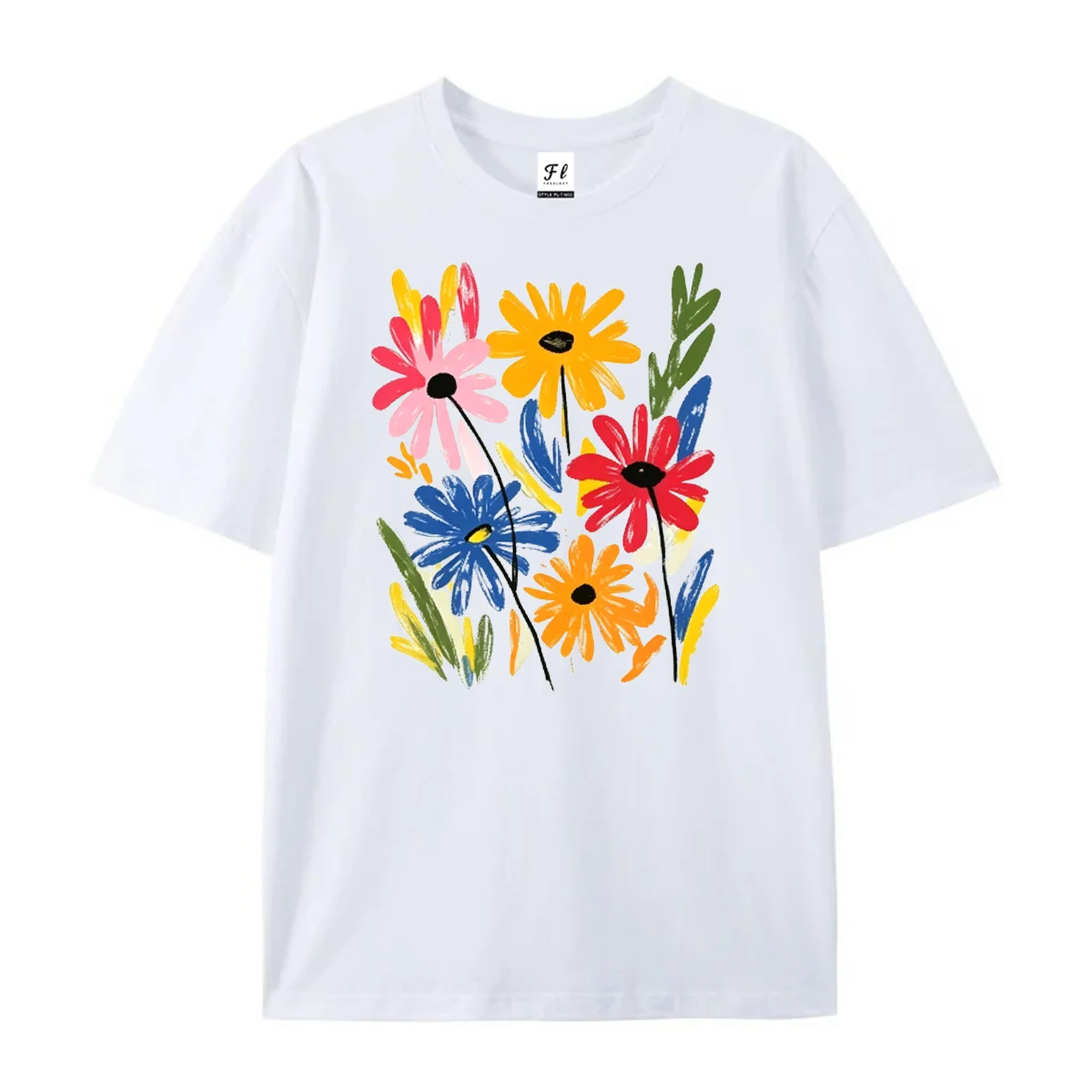 Hand Drawn Colorful Daisy Floral Womens T Shirt Abstract Flower Graphic Tee Boho Short Sleeve Tops Ladies Botanical Daily Wears