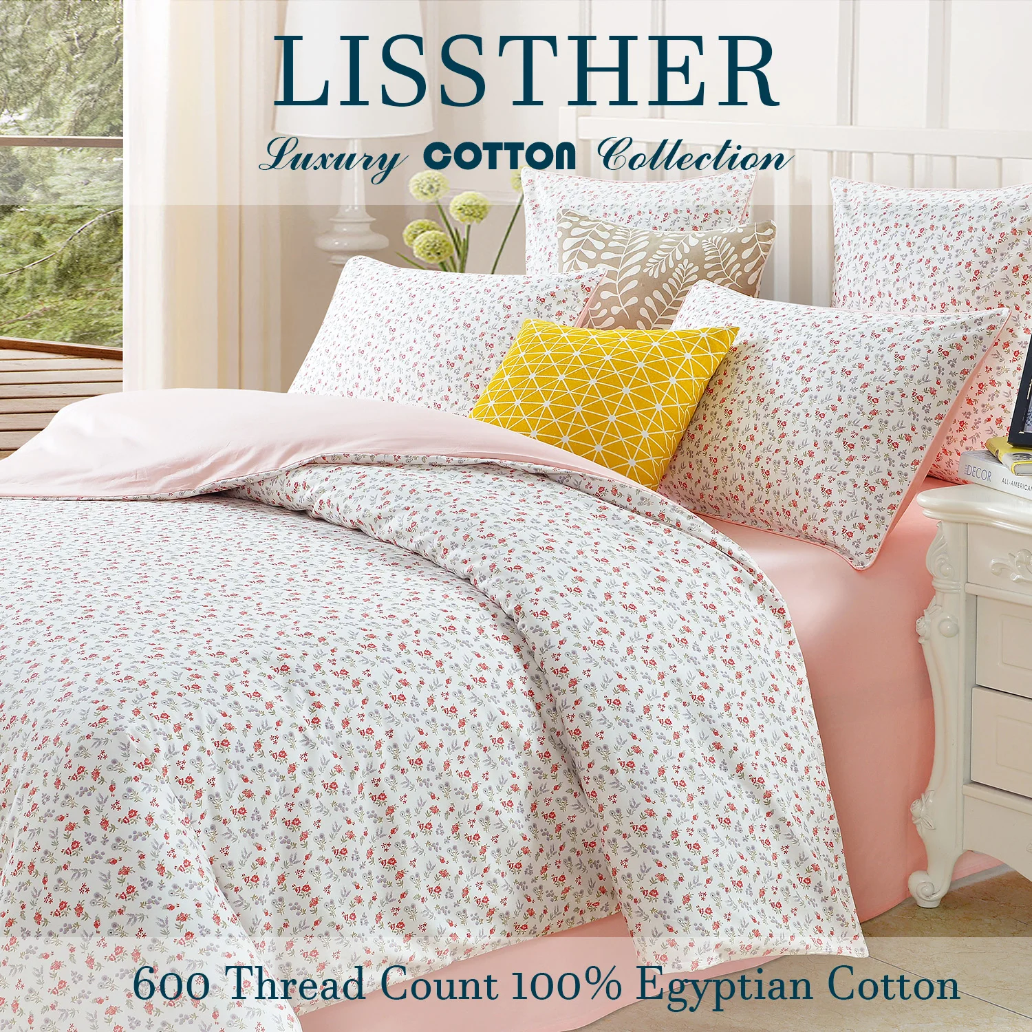 3pcs 600 TC 100% Egyptian Cotton Duvet Cover Set (Without Core), Tiny Garden Rose and Dandelion Floral, Soft And Skin-friendly