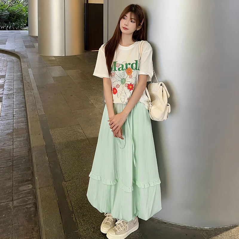 LanCharm المرأة الربيع الشمس حماية كشكش تنورة الصيف مترهل تنورة فضفاضة عالية الخصر البطن التحكم ألف خط ماكسي تنورة