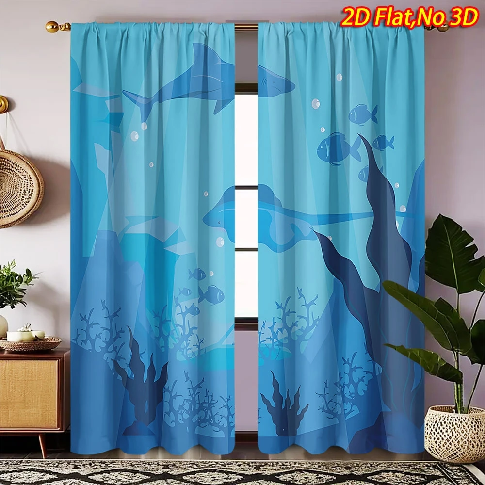 2D-Flachdruck-Vorhänge mit Meereslebewesen-Motiv, Polyester, maschinenwaschbar, für Schlafzimmer, Wohnzimmer, Küche, nautische Dekoration im Küstenstil