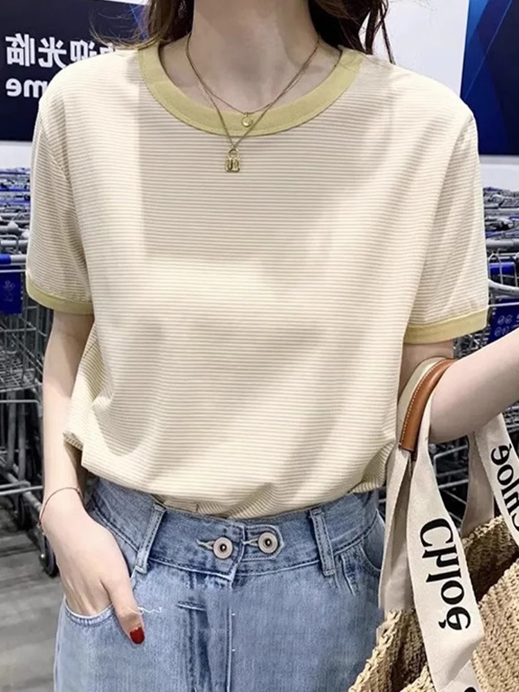 

Slimming Effect Lightweight Breathable Pure Cotton ort Sve Overhead T-irt Color Blo Stripe Base irt Summer Faion