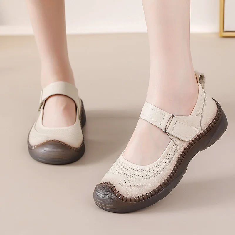 New 90s retro red mary jane flats women genuine leather shoes handmade moccasins woman crash proof toe strap comfy loafer ladies view 2