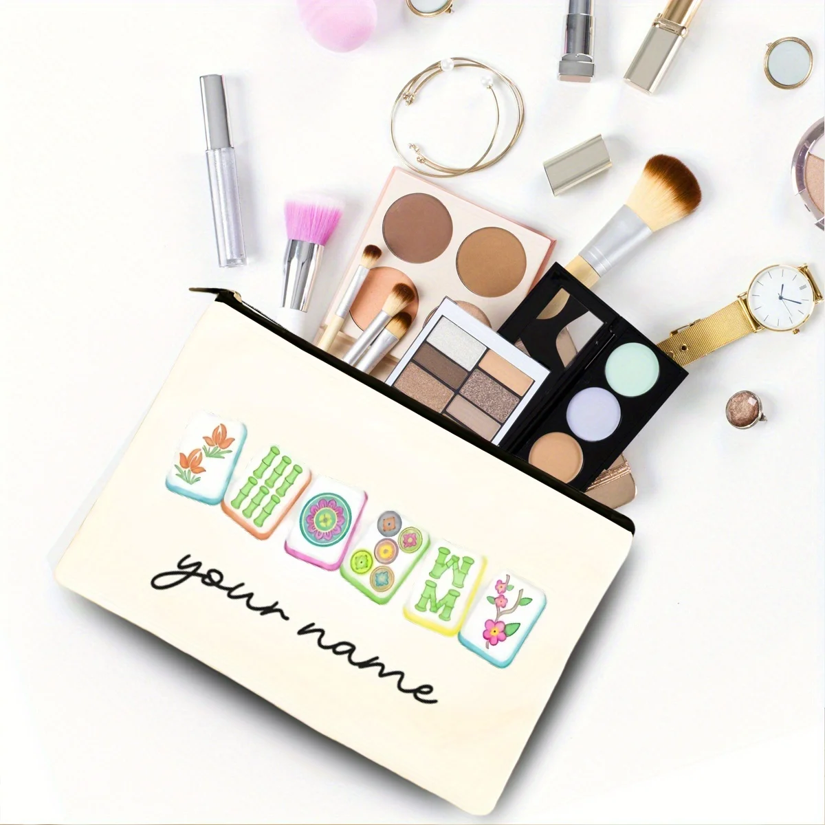 [Customized] Creative Mahjong Design Storage Cosmetic Bag Portable Travel Zipper Storage Bag Personalized Customized Name Gift
