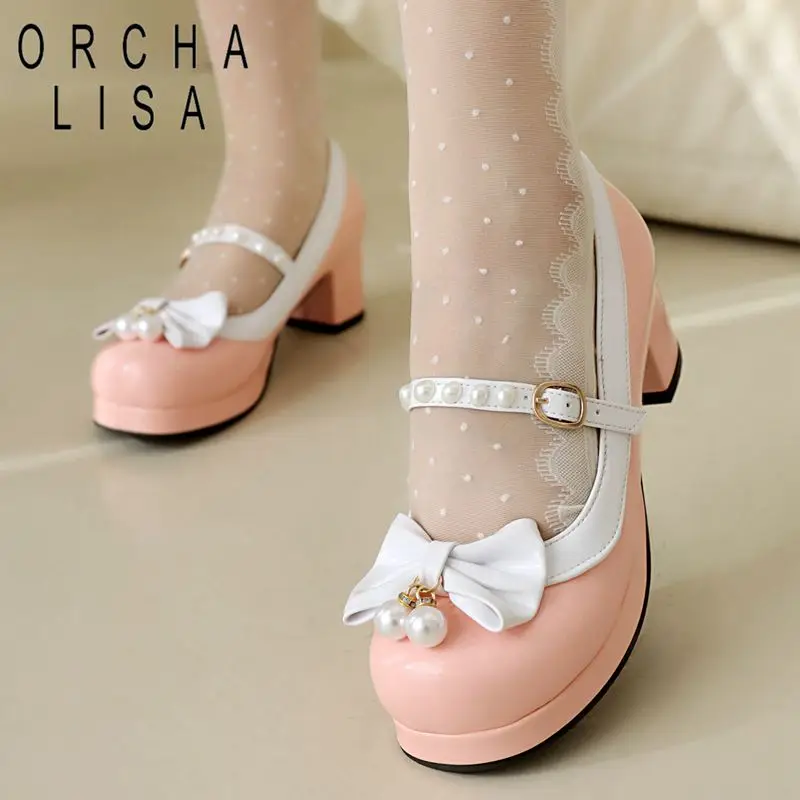 ORCHALISA Patent Leather Girls Pumps 33 Round Toe Block Heel Buckle Strap Bowknot Beads Mixed Color Big Size 47 48 Sweet Lolita