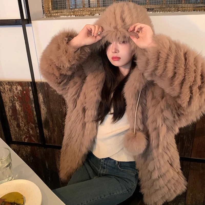 YOLANFAIRY 진짜 여우털 코트 여성용 겨울 따뜻한 후드 긴 소매 출퇴근용 청춘 자연스러운 여우털 재킷 여성용 2025