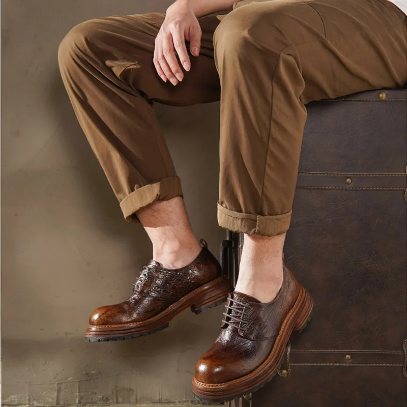 جديد أزياء الرجال حقيقية أحذية جلدية بدون كعب البروغ أحذية فاخرة الراحة نقش شبكي ديربي أحذية ريترو الزفاف حفلة اجتماعية أوكسفورد #3