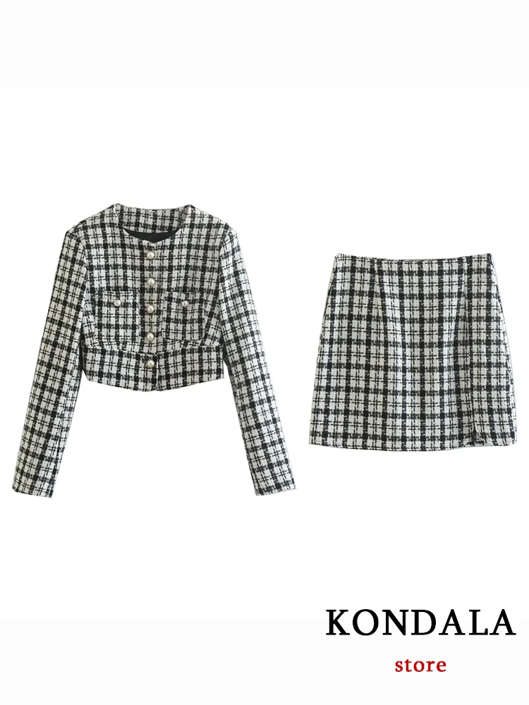 Kondala Office Lady Plaid Tweed Korte Blazer Vrouwen Lange Mouw Parel Knop Vintage Jassen Mode 2022 Herfst Party Blazer Top