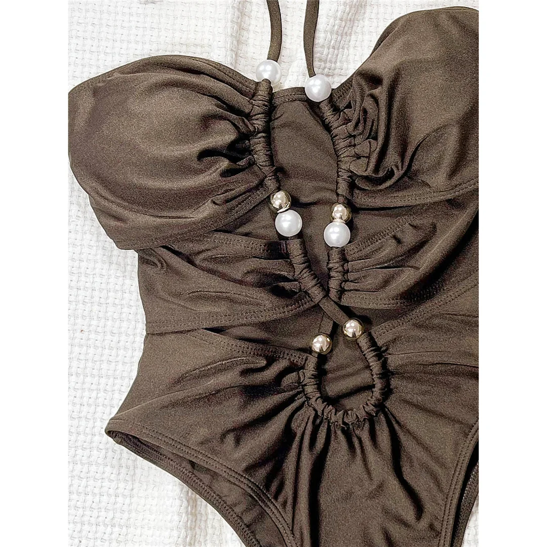 Neuer Cut-Out-Neckholder-Badeanzug mit Perlen für Damen, einteiliger Badeanzug, femininer, geraffter Monokini mit hohem Beinausschnitt, Badebekleidung, Badeanzug, Modell V7726 – Detail 6