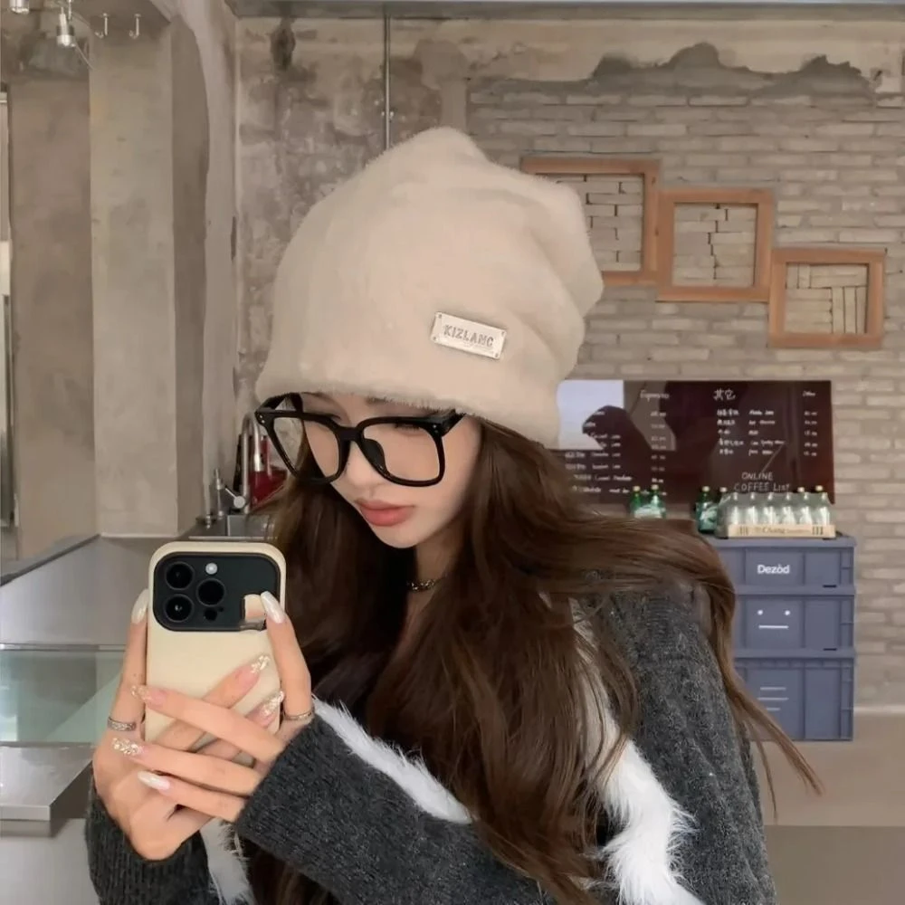 

Fashion Thickened Fleece Wool Skullies Coldproof Baggy Letter Pullover Hats Korean Style High Quality Warm Wool Cap Winter