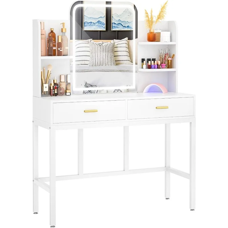 

Vanity Desk with Mirror and Lights, Makeup Vanity with 2 Storage Drawers, Vanity Table Set with 3 Color Lighting Options