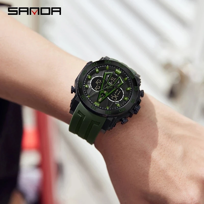 Fashion Sanda 6105 Top Brand Luxury Men Military Army Waterproof Sport Wristwatch Dual Display Watch Led Male Relogio Masculino