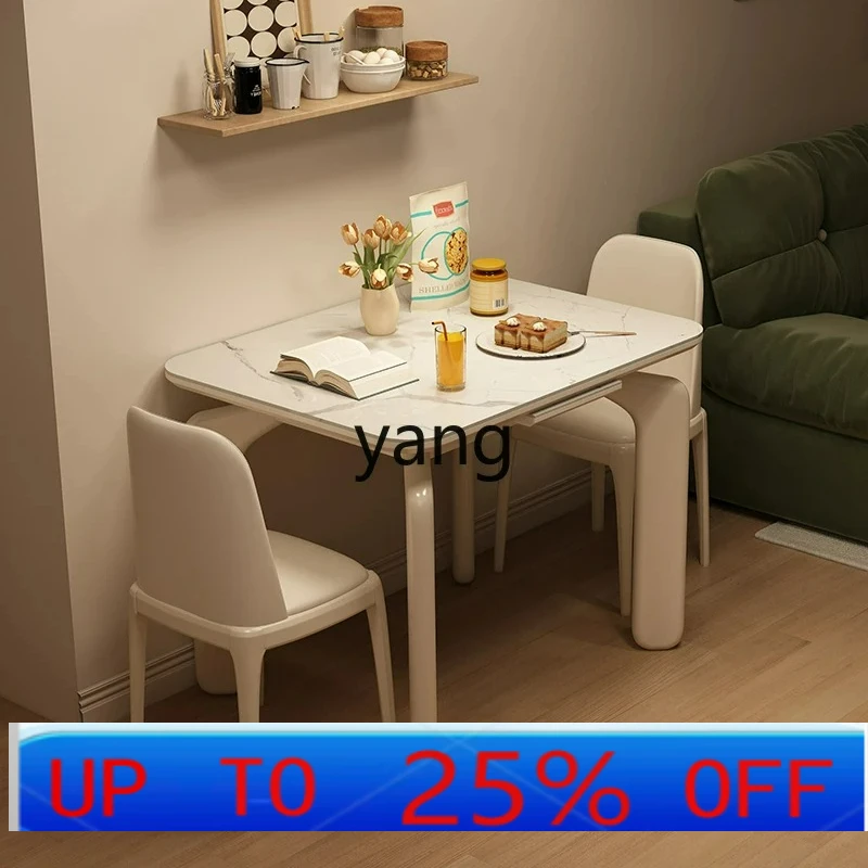 

LTT cream folding dining table rock slab small apartment household solid wood retractable dining table