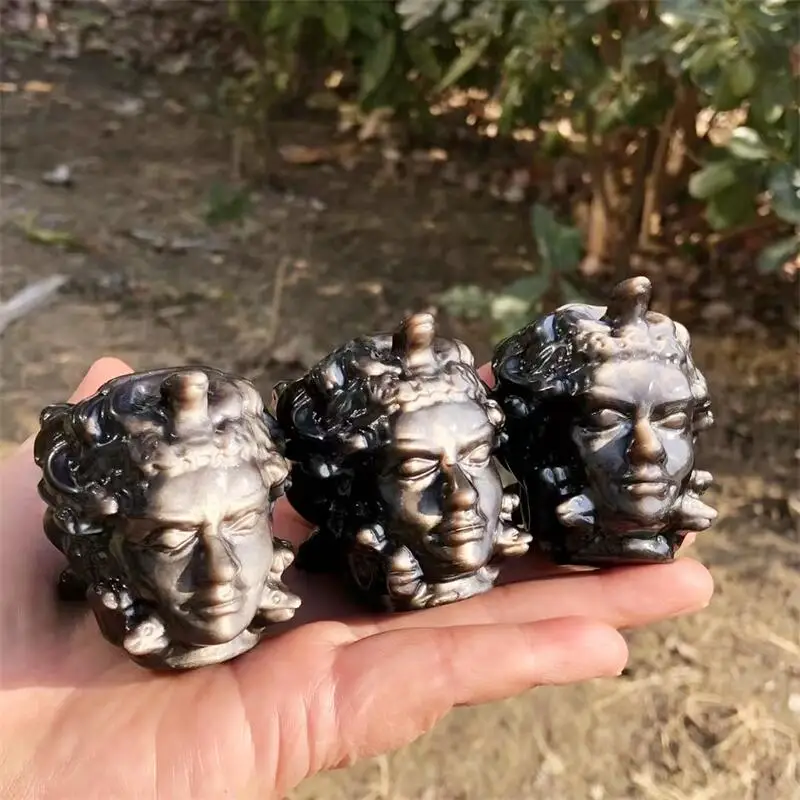 5.5CM Natural Silver Obsidian Medusa Skull Carving Healing Fengshui Stones And Crystals Home Decoration Gift Room Ornament 1pcs