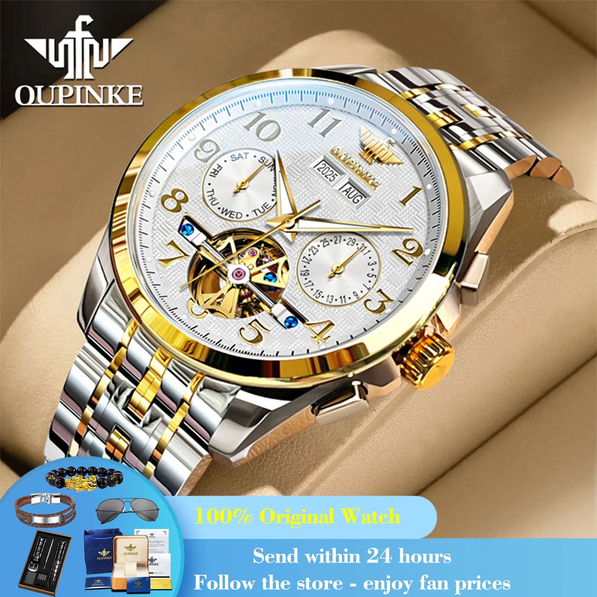 

OUPINKE 3263 Man Watch Top Brand Number Scale Hollow Skeleton Automatic Watch For Men Date Mechanical Wristwatch 50M Waterproof