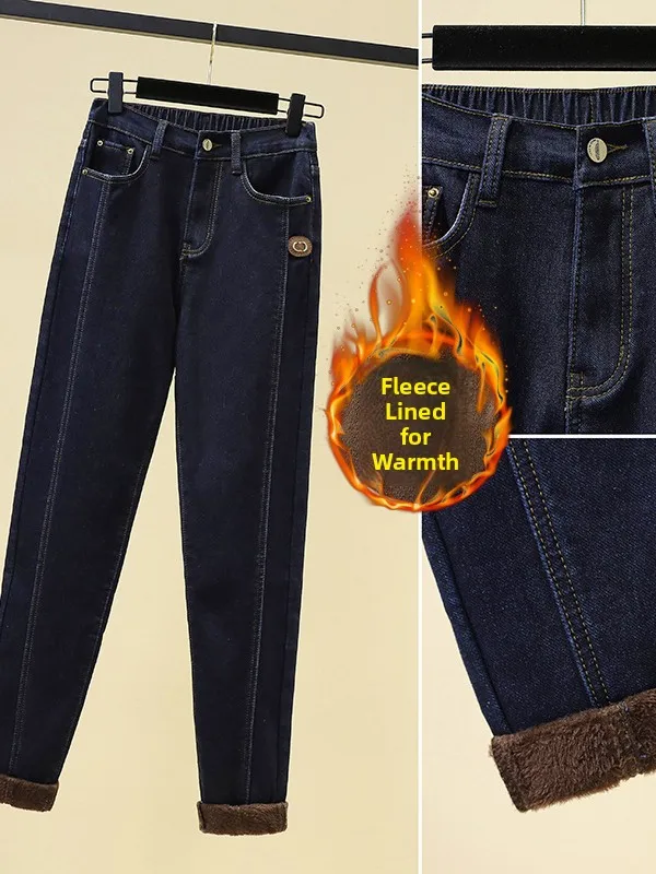 

Thiened Fce High Waist Denim Jeans Casual 3D Tailoring Warm Elastic Dad Pants Women's plus Size Winter Faion