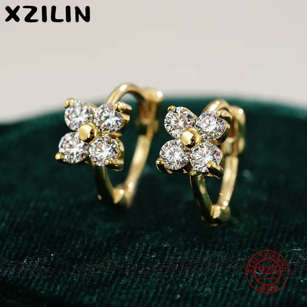 

XZiLin Real S925 Sterling Silver Plated 18K Gold Four-Leaf Clover Zircon Earrings Small And Exquisite Temperament Earrings