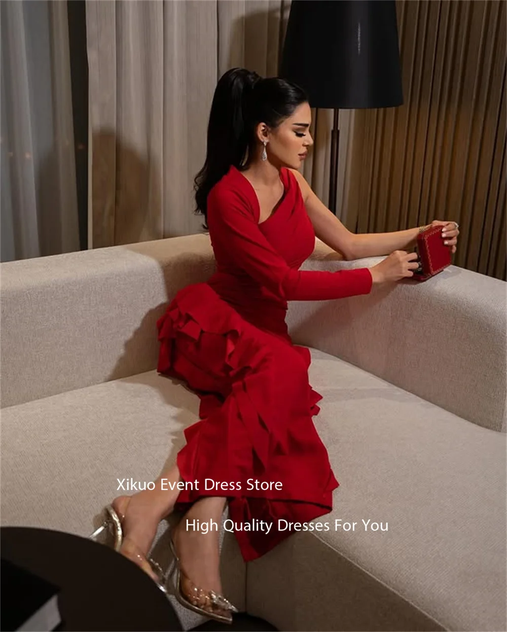 Gaun Malam Xikuo dengan Kerah Asimetris Unik, Ruffle di Bagian Bawah, Model Ruched Satu Bahu, Vestidos Para Mujer, Gaun Prom Dubai, Dapat Dipesan Sesuai Ukuran