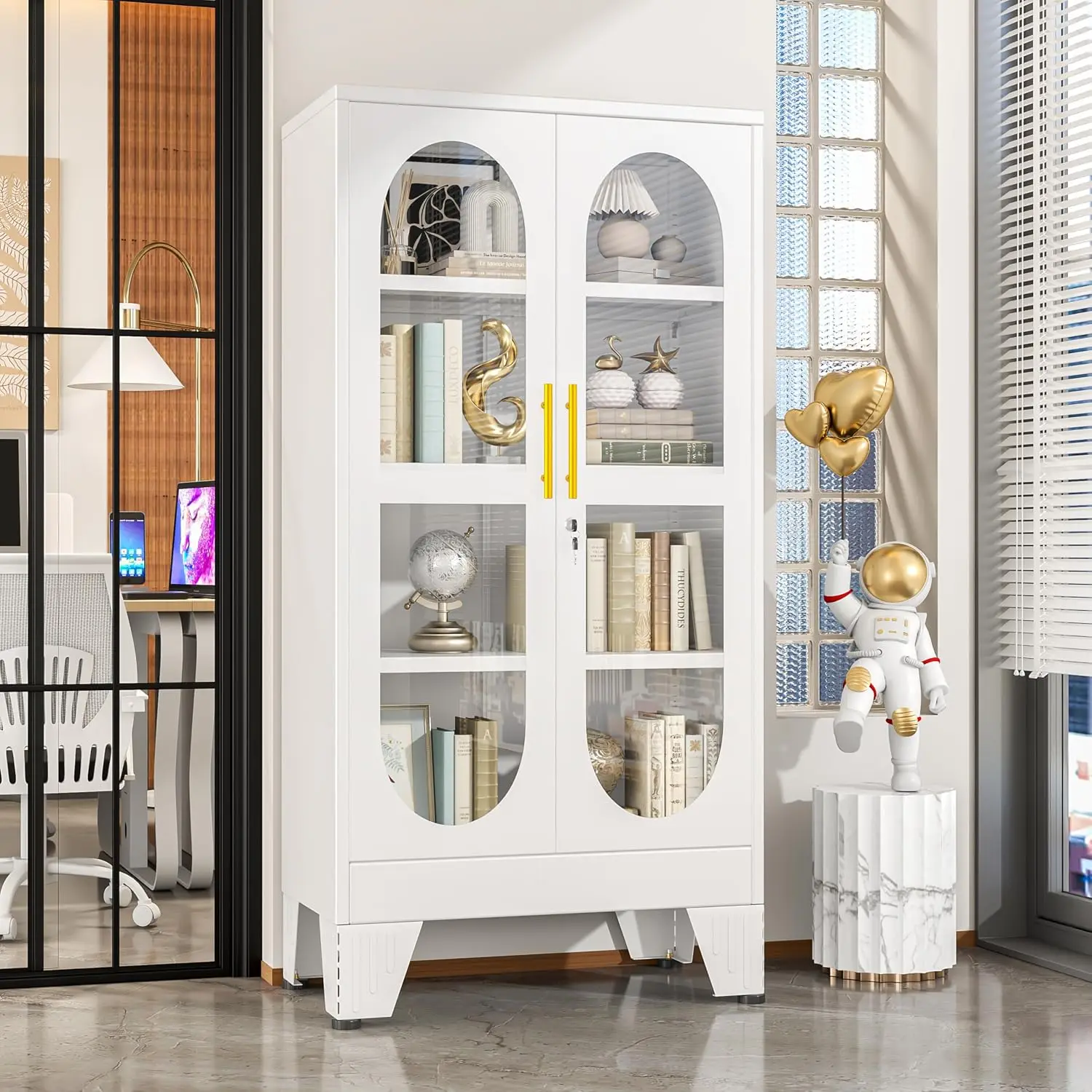 47" Tall Metal Curio Cabinet with Glass Door, 4-Tier Adjustable Shelves, Locking Display Case for Collectibles, White view 3