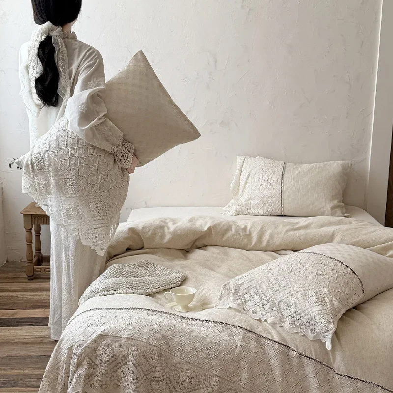 French Style Yarn-Dyed Jacquard 4Pcs Cotton Linen Bedding Set, Natural Embroidery Long Staple Cotton Linen Duvet Cover