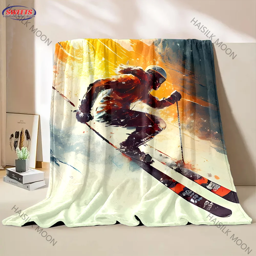 Sports Themed Blanket Cool Ski Pattern Printed Blanket- Soft Cozy for Couch, Sofa, or Bed, Office Travel Camping Wonderful Gifts