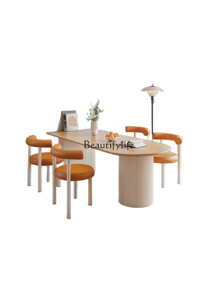 Cream Style Semicircle Dining Tables and Chairs Set Solid Wood Log Modern Simple Home