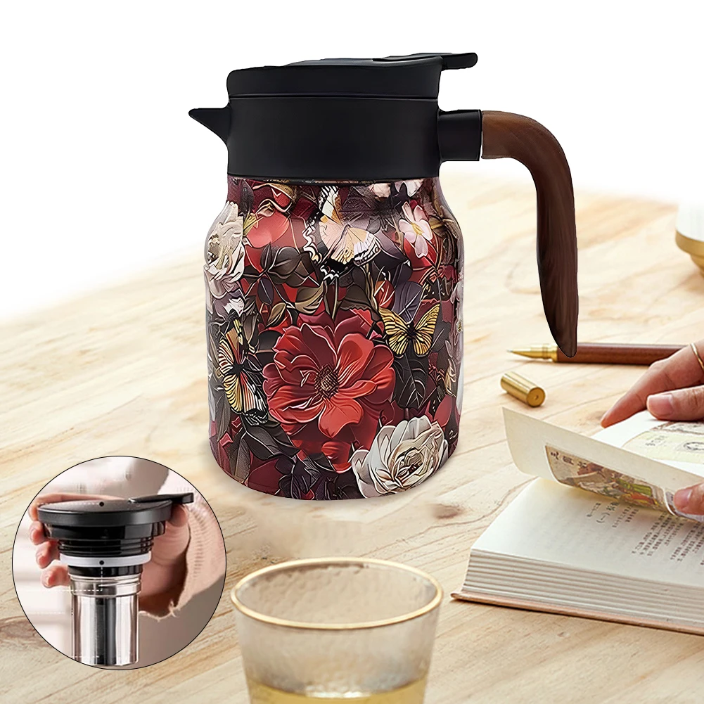 

800ml Retro Floral Insulated Teapot Stainless Steel Tea Separation Thermal Insulation Pot with Infuser for Home and Dining Room