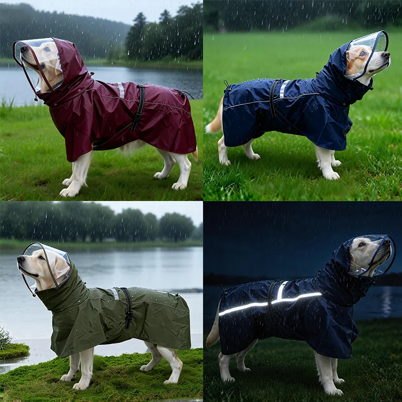 Waterproof Double-Layered Dog Raincoat with a Detachable Hood, Suitable for Medium and Large-Sized Dogs, Featuring Reflective