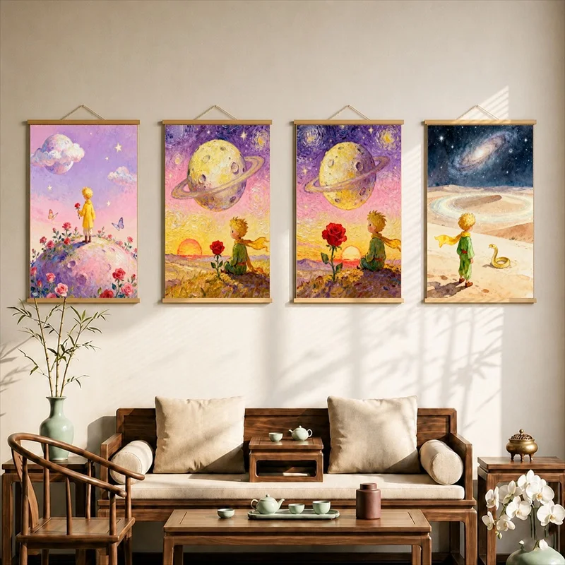Home Decor Items Pure Heart Starry Journey, Minimal Storybook Pearlescent Canvas Wall Hanging Scroll for Reading Corner Interior