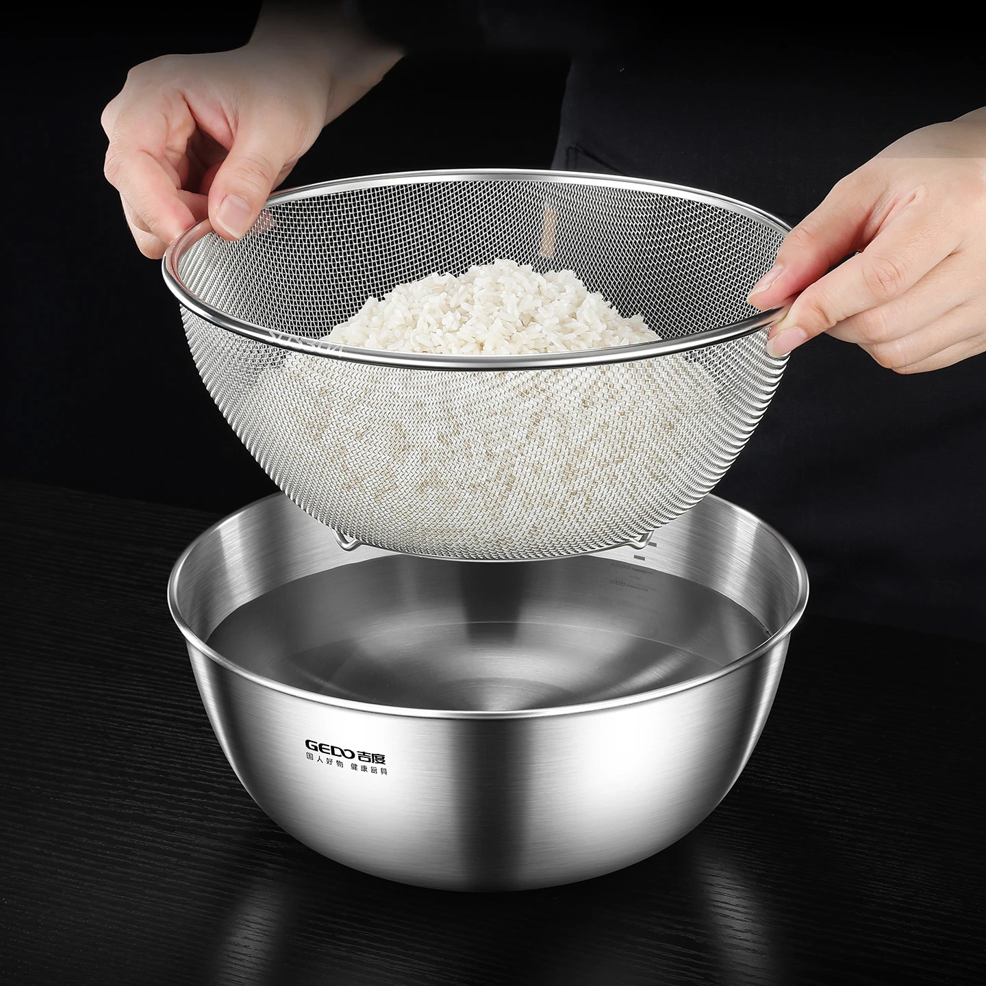 

19cm~30cm Diameter Rice Washer LFGB Certification 304 Stainless Steel Kitchen Vegetable and Fruit Washing Basin and Colander Set