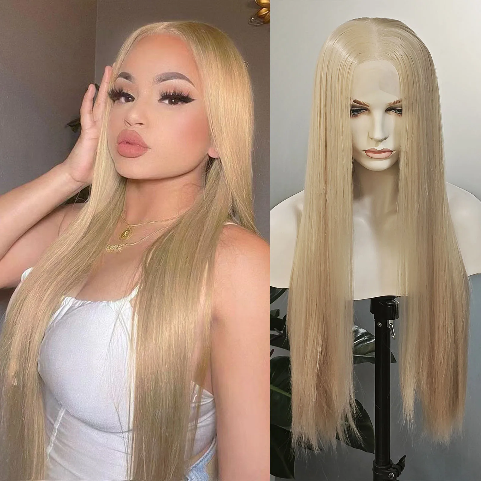 

Ash Blonde 13×6 Lace Straight Hair Synthetic Wig Silk Straight Heat Fiber Deep Lace Front Wigs Light Golden Hair Women Daily Use