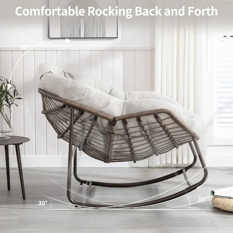 Villeston Outdoor Papasan Rocking Chair - Oversized Comfy Patio Chair Indoor Egg Royal Rattan Rocking Chair with Cushion