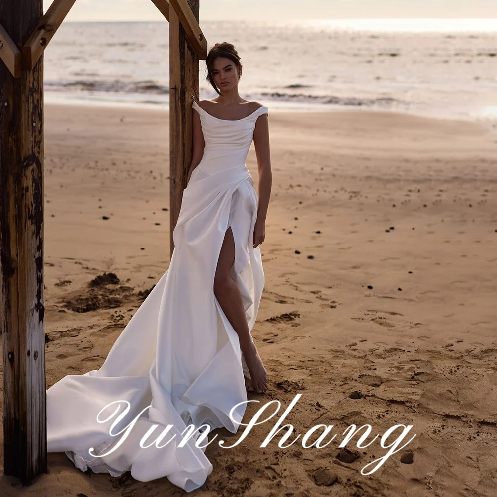 

Yunshang Customized Satin A-Line Wedding Dress 2026 Strapless Off The Shoulder High Side Slit Pleats Backless Train Bridal Gowns