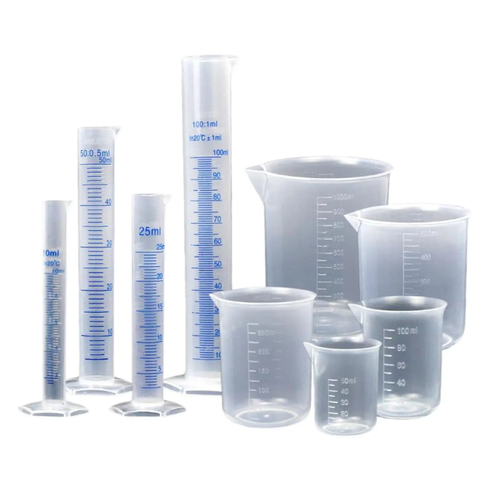 4x Cylinders (10, 25, 50, 100ml) 5 Measuring Cups 50 100 250 500 1000ml