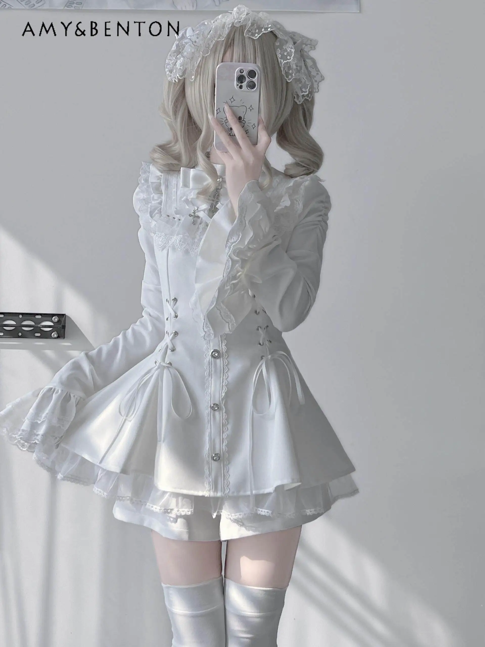 

Summer Japanese Style Bell Sleeve Waist-Cinching White Short Dress Subculture Gothic Style Black Dress Bow Tie Shorts Set