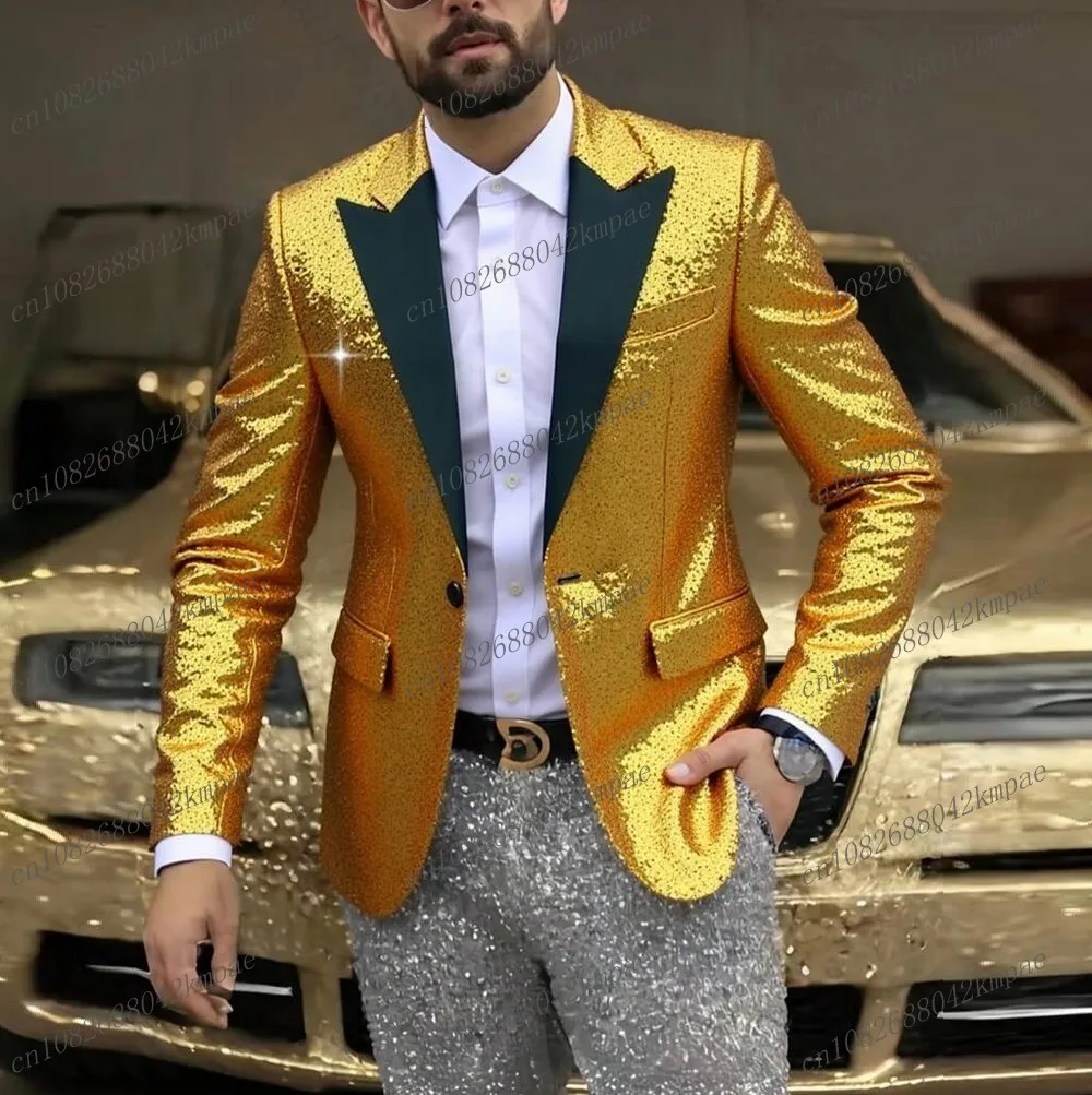 New Gold Silver Sequin Formal Men Suit Wedding Party Prom Business Groom Groomsman Male Tuxedos 3 Piece Set Blazer Vest Pants