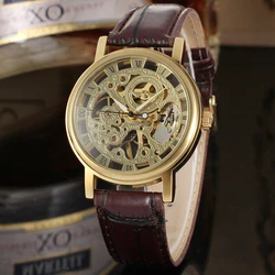 Transparent Golden Case Luxury Casual Design Brown Leather Strap Mens Watches Top Brand Mechanical Hand Wind Skeleton Watch