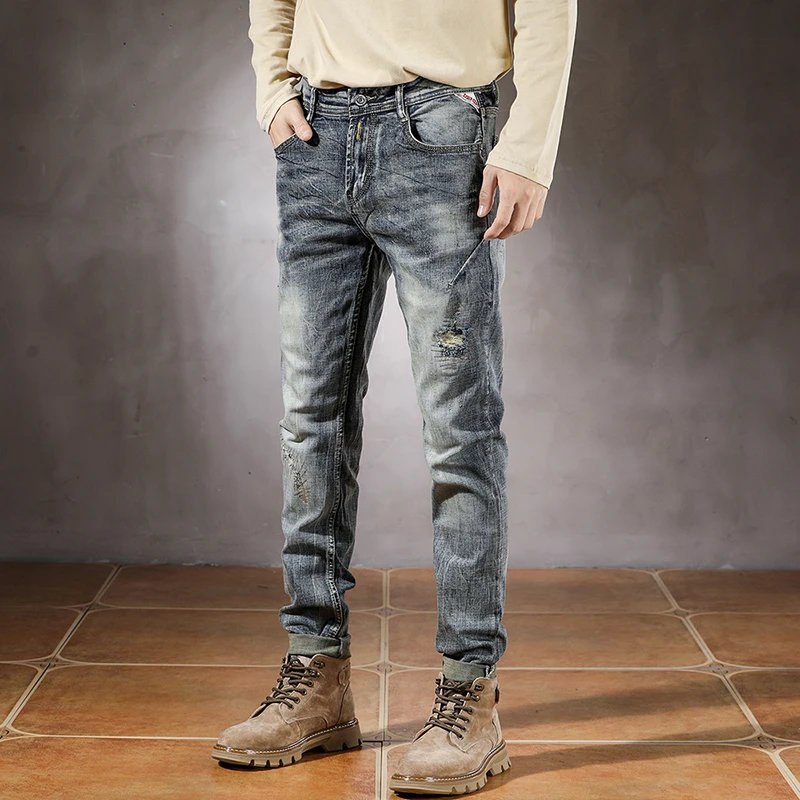 2025 Spring Autumn Trendy Ripped Hole Distressed Washed Denim Jeans for Men American Vintage Casual Slim Fit Stretch Pants