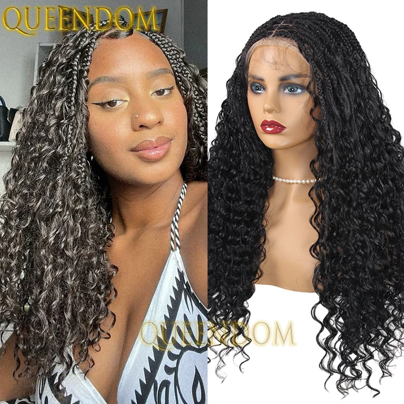 Bohemian 24 Inch Synthetic Wig Full Lace Faux Locs Box Braids Goddess Wig Knotless Crochet Cornrow Braided Wig With Curly Ends