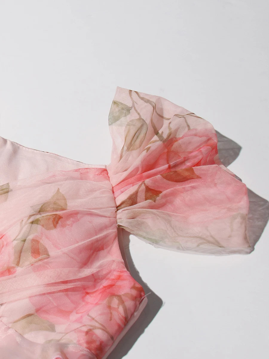 ROMISS Abiti da sera con stampa floreale dolce per donna Slash Neck Manica corta Vita alta Applicazioni impiombate Abito lungo Donna