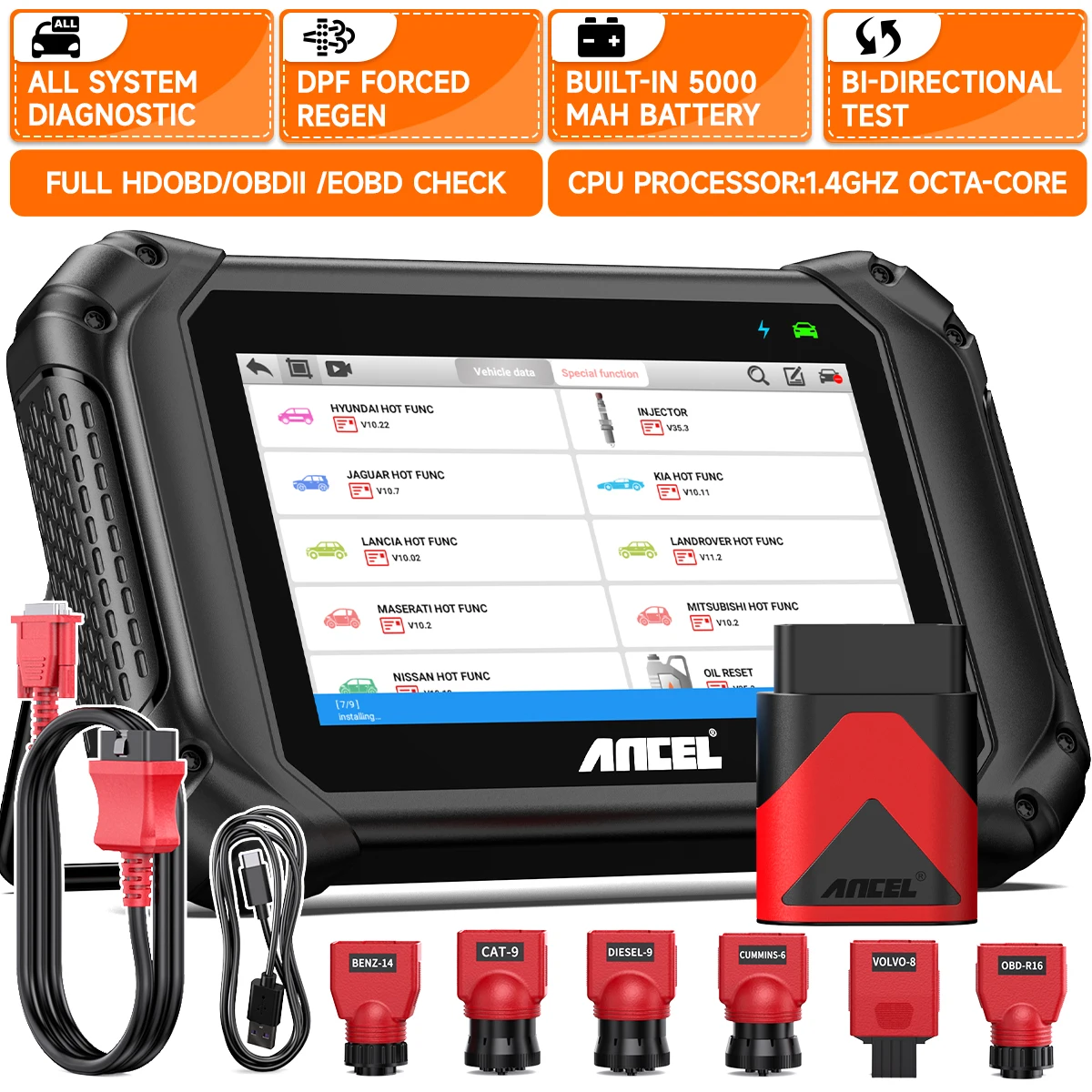 ANCEL Heavy Duty Truck Diagnostic Tools  V5 HD All System ECU Coding BI-Directional OBD2 Truck Scanner 24V 12V Commercial Truck