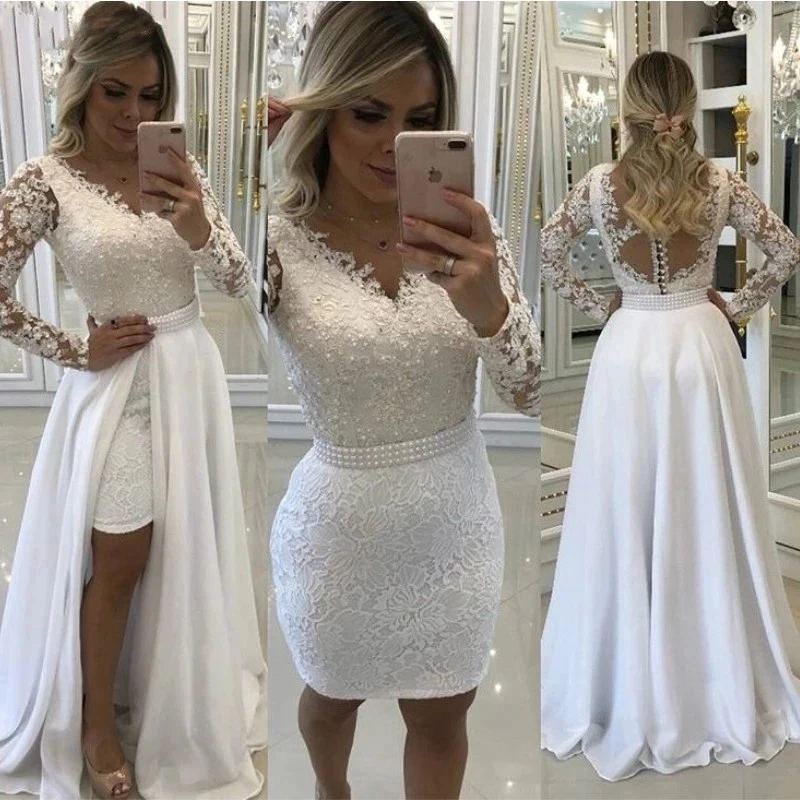 Angelsbridep vestido de casamento linha a renda moda faixa apliques pérolas com decote em v saia destacável vestidos de cocktail personalizados