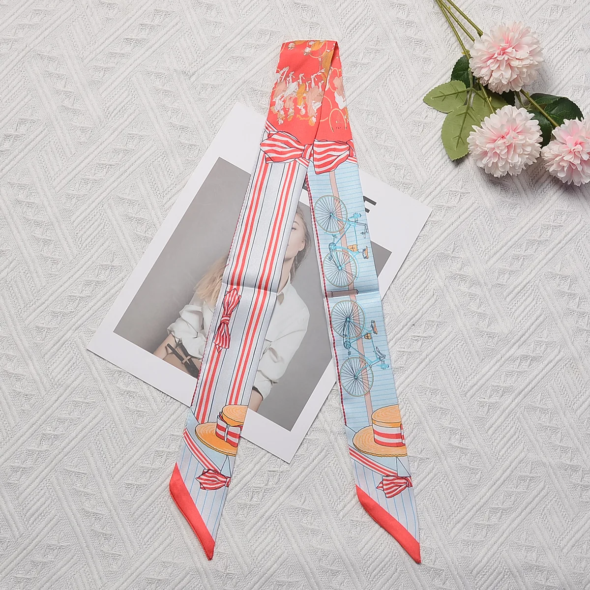 New Small Silk Scarf Double-Sided Printing Bicycle Girl Pattern 2022 Scarf Shawl Tied Bag Accessories Fashion