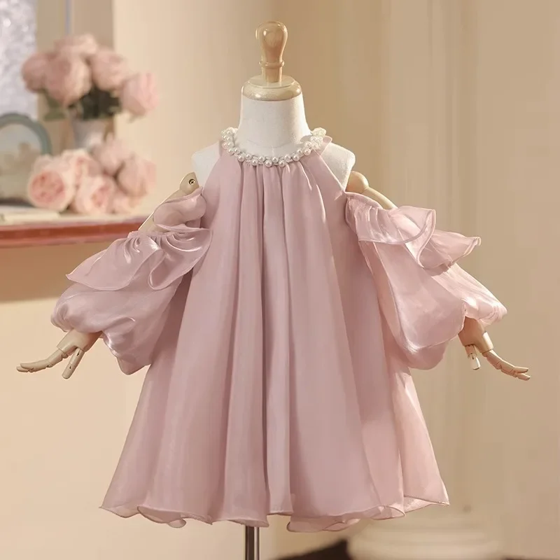 2025 Baby Girl Princess Silk Dress Party Wedding Birthday Pink Party Clothes Infant Toddler Pearl Collar for Eid Outfits Vestido