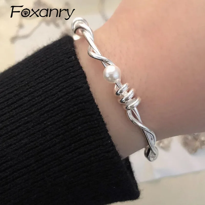 Foxanry Lines Crossed Pearl Cuff Bracelet For Women Girls Creative Minimalist Fashion Elegant Sweet Wedding Bride Jewelry Gifts