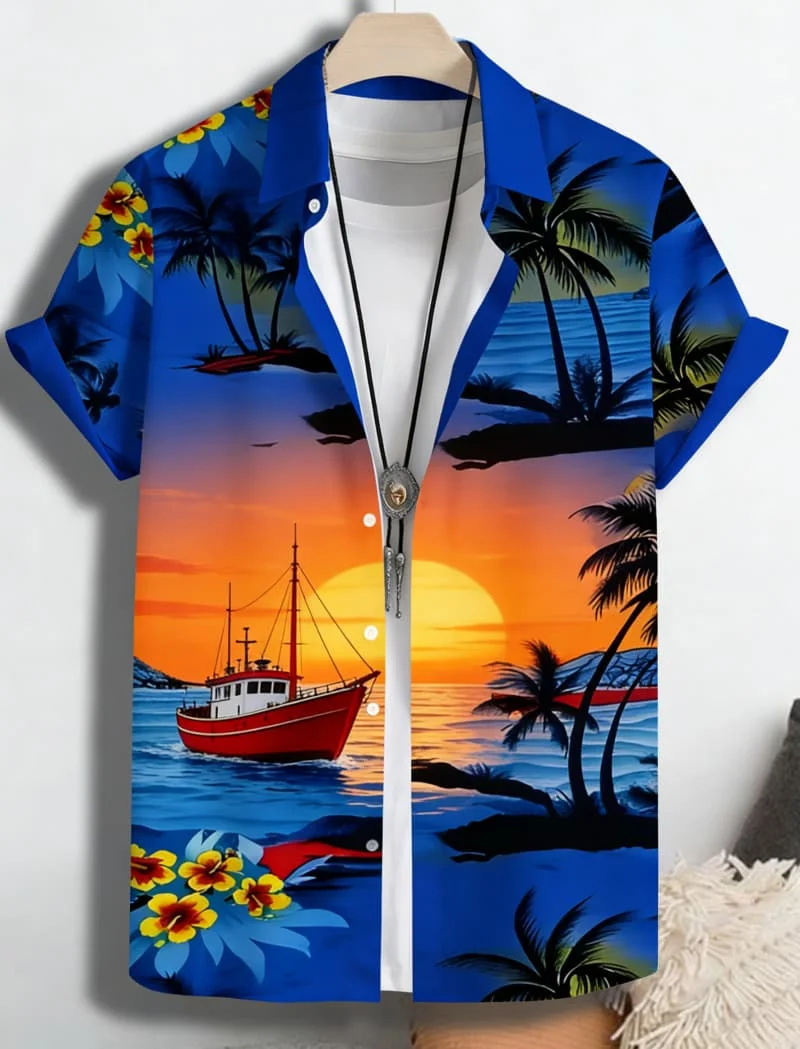 

Men's Luxury Stylish Fresh Serene Nature Print Short Sleeve Shirt Casual Fashion For Daily Wear And Vacation Style