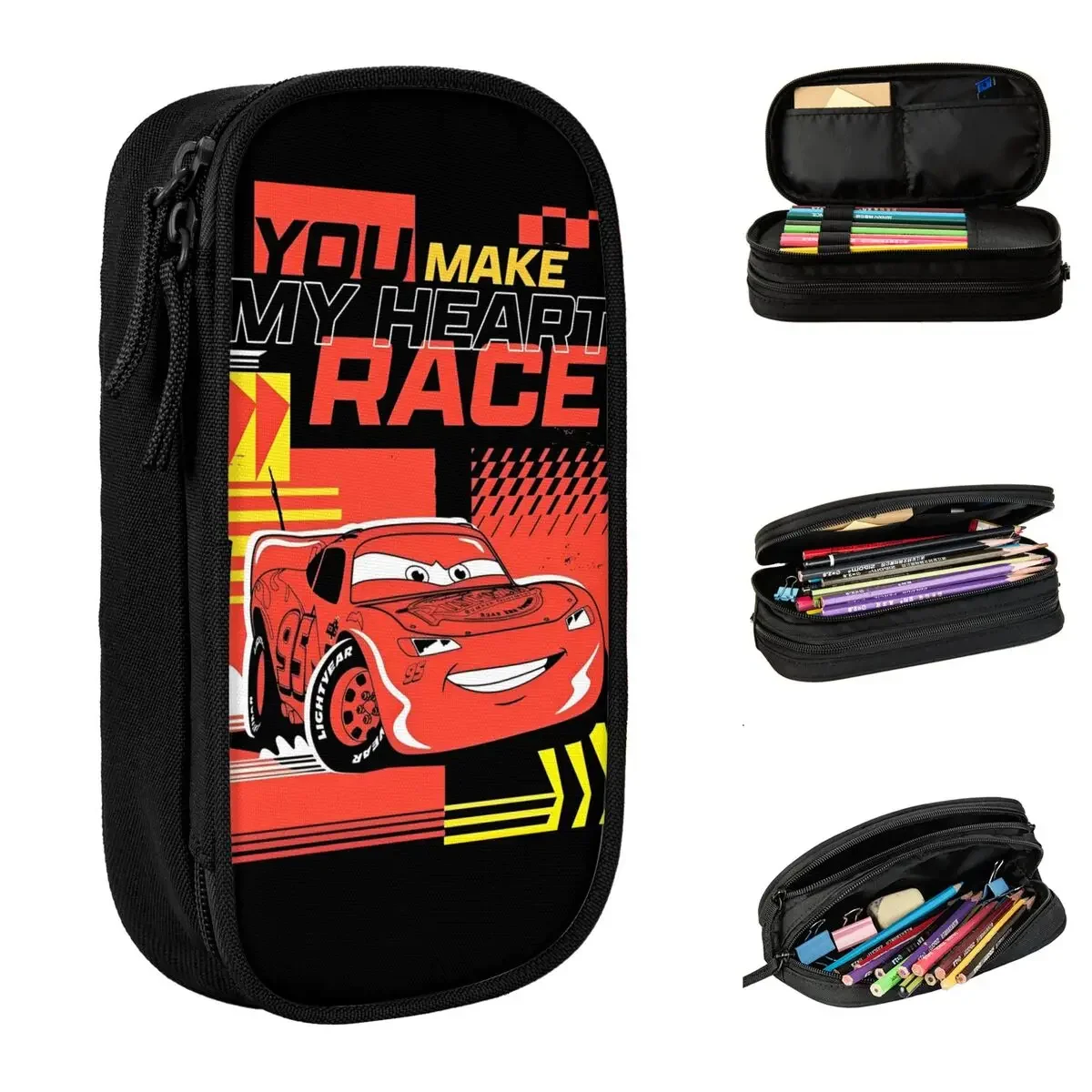 Lightning Mcqueen Cars Pencil Case You Make My Heart Race Pencil Box Pen Holder for Student Large Storage Bag School Stationery