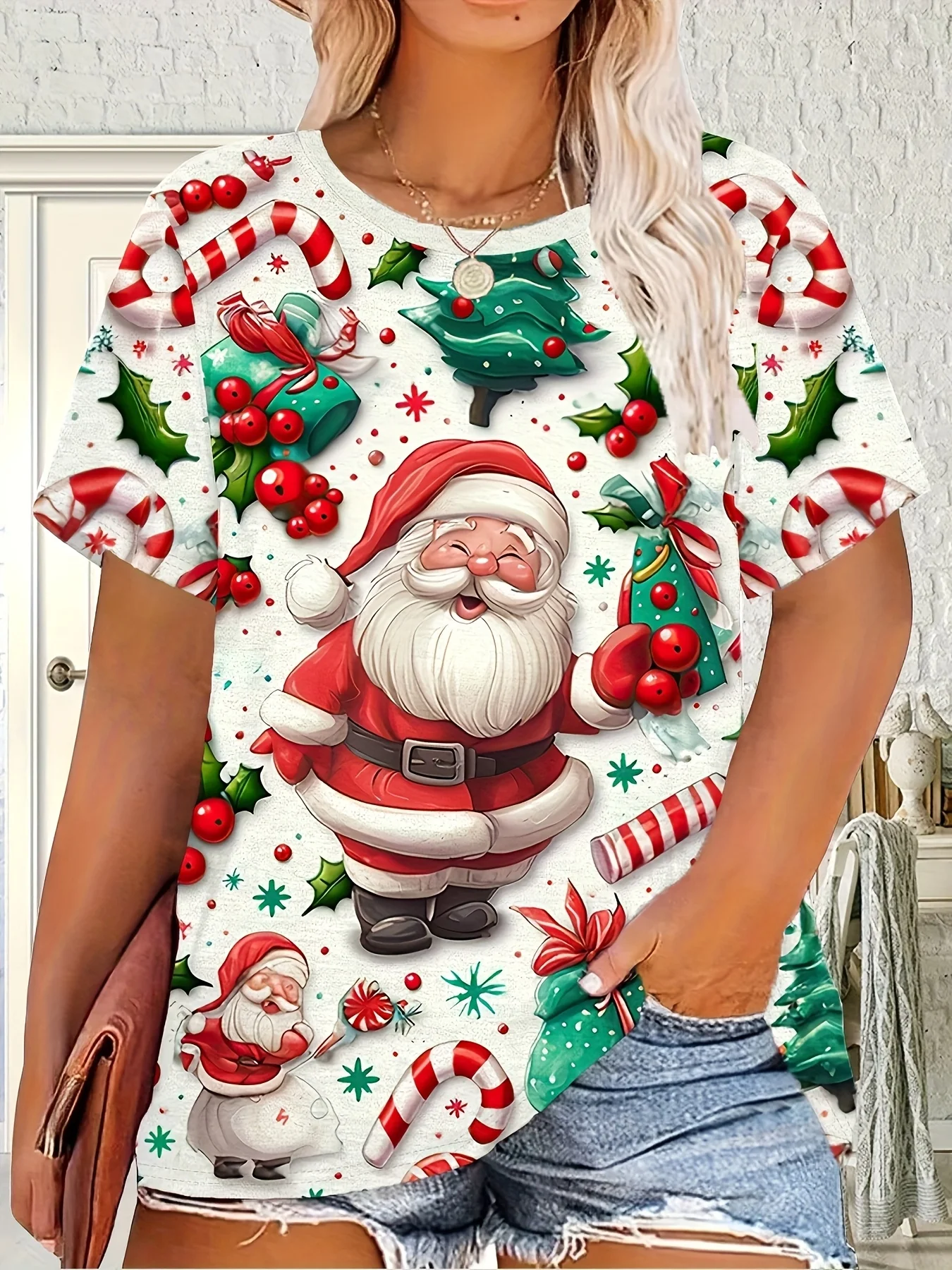 

Women'S Christmas T-Shirt Santa Claus Candy Canes & Presents Print Women's Short -Sleeved Tops Christmas Party Attire Y2k Clothe