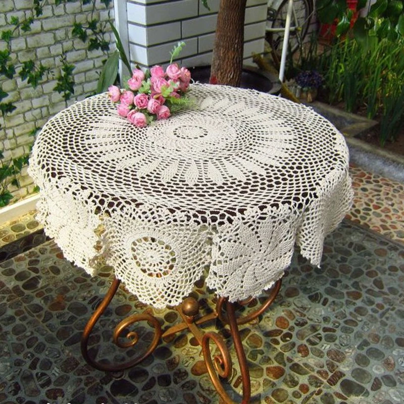 Round Crochet Table Cloth Handmade Lace Tablecloth Vintage Hand Tablecloth Crochet White Beige Color