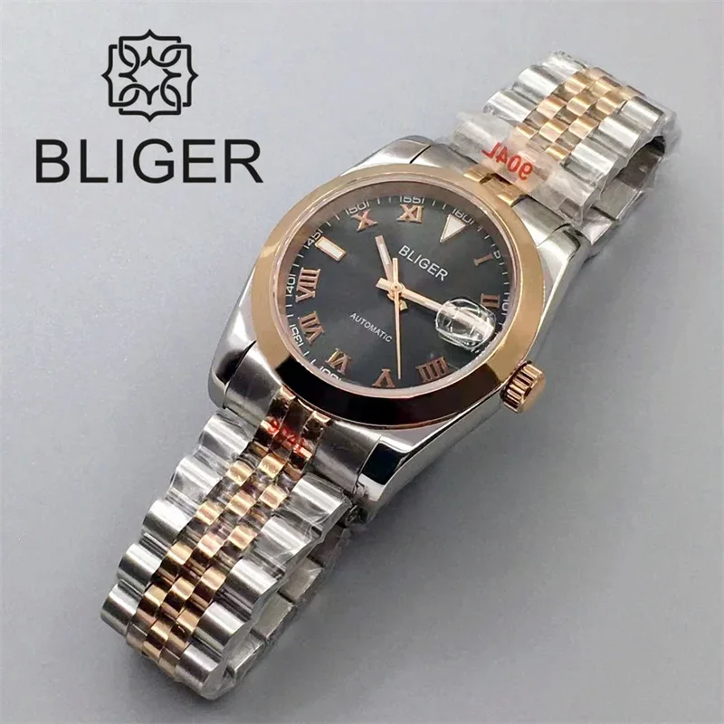 BLIGER Two Tone Rose Gold Jubilee Bracelet Men Watch 36mm/39mm NH35A Automatic Roman Numbers Grey Dial Sapphire Glass